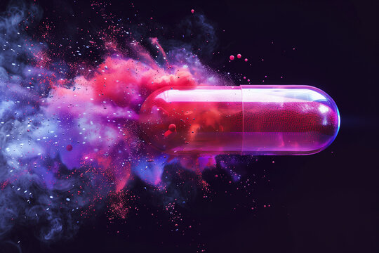 Red and purple pill capsules with liquid explosion around them on black background