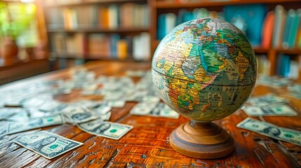 A globe surrounded by scattered dollar bills on a wooden table, with a blurred bookshelf background, ideal for illustrating global finance, economics, travel, and educational themes,