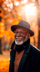 Obraz premium Outdoor portrait of attractive mature black man in autumn forest.