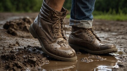Close-up of muddy boots stepping into a mud puddle.