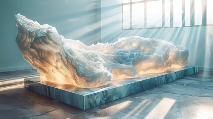 A room with a stunning abstract sculpture resembling an ice formation, bathed in natural light from large windows ideal for concepts of art, creativity, and natural beauty,