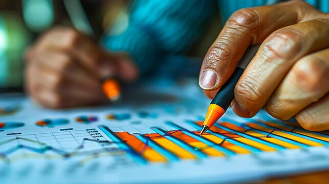 A hand holds a pen, pointing at a colorful bar chart on paper, indicating business analysis or financial planning, Suitable for business, finance, and data analysis topics,