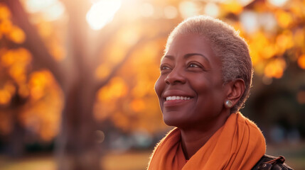 Fototapeta premium Outdoor portrait of beautiful and happy mature black woman in autumn forest.