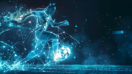 Blue digital soccer player with glowing data, artificial intelligence into athlete performance analysis and training, enhancing player skills, strategy, and overall team performance design