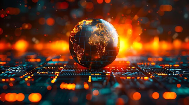 A digital globe on a circuit board with glowing lights, representing global technology, connectivity, and data networks, Suitable for tech industry promotions, innovation concepts, and cyber themes, - Powered by Adobe