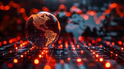 A glowing digital globe surrounded by abstract red lines, suggesting data flow and connectivity, ideal for concepts of global communications, technology, and data analytics,