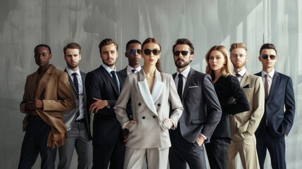 A group of men and women in suits and ties pose for a photo