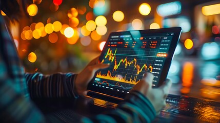 A person holding a tablet displaying stock market charts with bright bokeh lights in the background, ideal for financial analysis, investment, and technology-themed content,