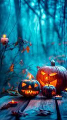 Scary Jack O'Lantern in forest during spooky night. Halloween background for social media or website content template.
