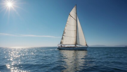 Fototapeta premium Sailing boat on calm blue sea with clear blue sky above.