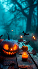 Obraz premium Scary Jack O'Lantern in forest during spooky night. Halloween background for social media or website content template.
