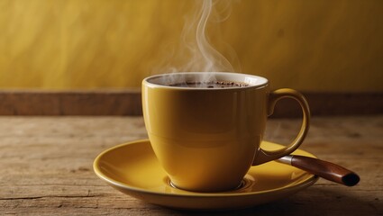 Steaming yellow coffee cup on wired saucer, wooden table