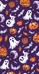 Illustration pattern of pumpkins, ghosts and bats over colorful background for Halloween theme. Social media advertising template.