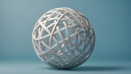 Abstract white tangled spherical sculpture on blue.