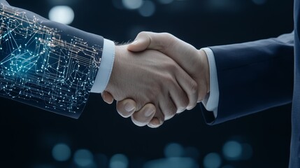 Leader in futuristic attire, shaking hands with hologram, modern tech environment, copy space for text, ultra HD,
