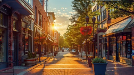 Sunlit Urban Street with Charming Shops