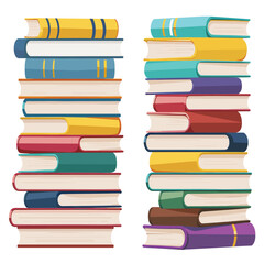 Two stacks colorful books various sizes orientations, educational concept. Tall piles hardcover books reading, knowledge, study theme. Vibrant book spines, illustration library bookstore background