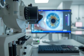 Close-up image of an OCT scanner, a medical device used to examine the eye, in a clinical setting