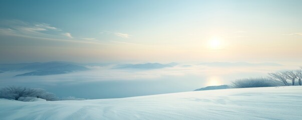 Serene Winter Sunrise Over Snowy Mountain Range and Misty Valley