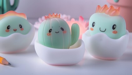 Cute and Happy Cartoon Cactus and Plant Figures in White Pots on a White Background
