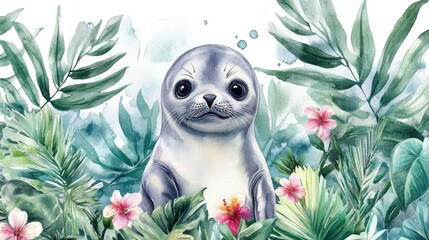 Baby seal watercolor illustration with vibrant tropical plants