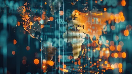 Abstract concept of a diverse stock portfolio with world map integration, financial symbols. Generative AI.