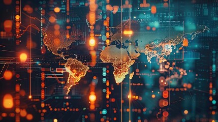 Abstract concept of a diverse stock portfolio with world map integration, financial symbols. Generative AI.