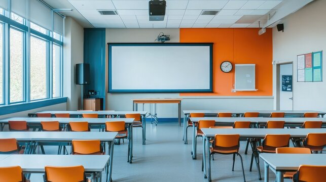 A modern classroom with new desks, chairs, and a projector screen, set up for the new school year