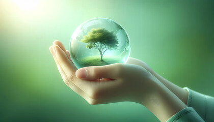 One hand gently holds a transparent globe with a small tree on it. The background is light green.