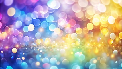 Obraz premium Background features a mesmerizing blend of soft focus pastel colors - purple, blue, gold, and pink - accented by shimmering bokeh lights, creating a dreamy and ethereal atmosphere.