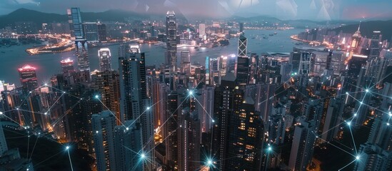 Nighttime Aerial View of a Cityscape with Interconnected Luminous Lines