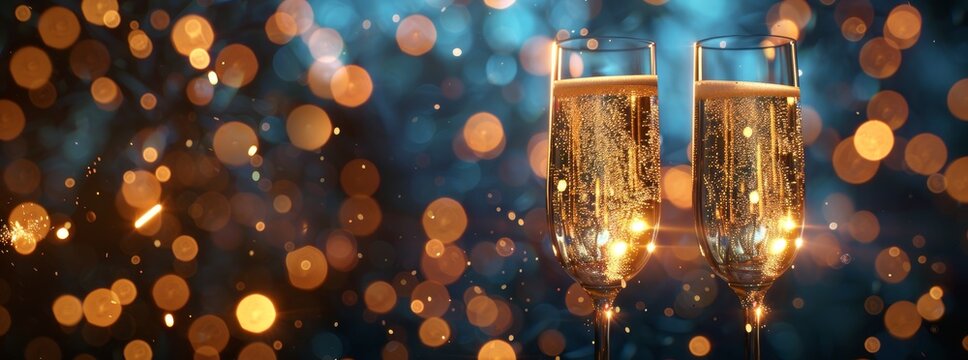 New Year's Eve toast with champagne glasses and festive lights in the background