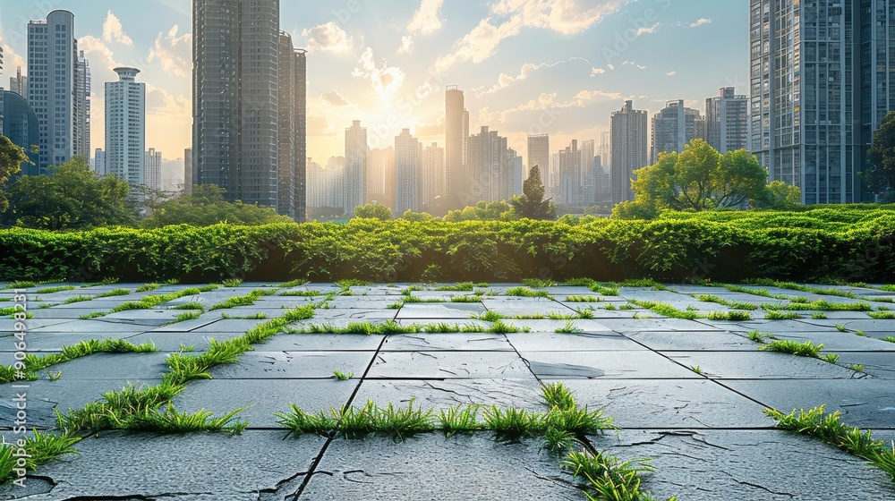 Poster empty square floor with city skyline background, green space initiative implementation, midday, pano