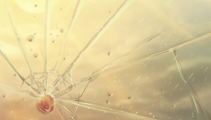 Illustration of Broken Glass Surface with Red Liquid Drops and Golden Background