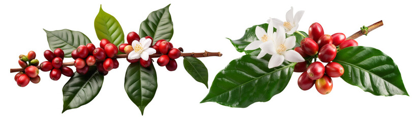 coffee plants featuring vibrant red berries and white flowers. The lush green leaves provide a striking contrast cut out transparent isolated on white background PNG
