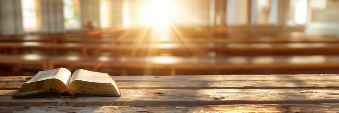 open bible on wooden table with blurred background of church pews and bright light from window, copy space for text 