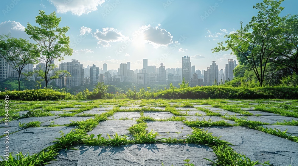 Poster empty square floor with city skyline background, green space initiative implementation, midday, pano
