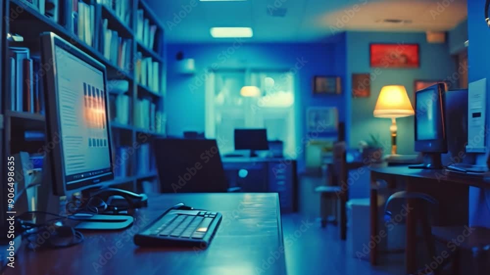 Poster a close-up view of a desktop computer and keyboard on a desk, lit in blue light. the background is b