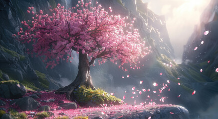 A pink tree full of flowers, standing on the edge of an ancient cliff, with sunlight shining through its leaves and petals falling to form splashes of light in front of it. Generative AI.