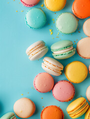 Obraz premium Colorful sweet fresh macaroons lie on a blue background. Dessert, pastries, cookies. A sweet delicious dessert, cookies with almonds. Copyspace. Yellow, pink, white and blue cookies.