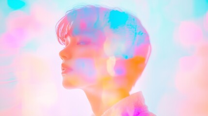 Abstract photo with blurred, colorful light reflections and a soft focus on a figure in the background, prismatic