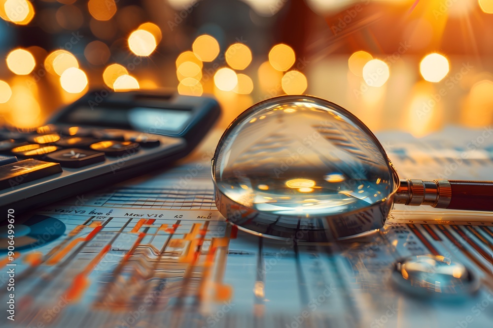 Poster analyzing financial data with a magnifying glass and calculator