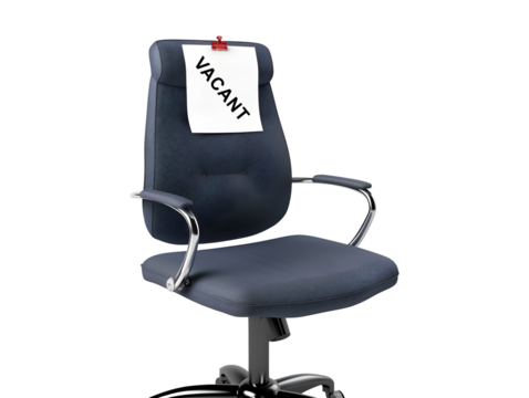 Office chair with a "vacant" sign attached to it, isolated on transparent or white background