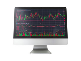 Business computer with stock market graph or forex and cryptocurrency isolated on transparent or white background