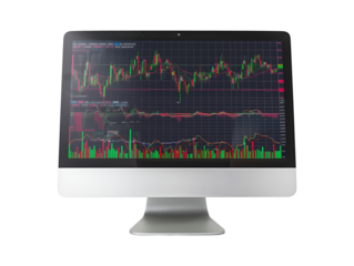 Business computer with stock market graph or forex and cryptocurrency isolated on transparent or white background
