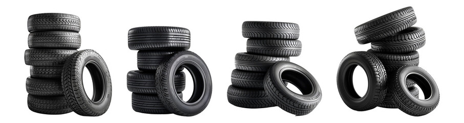 Set of tire stacks isolated on transparent or white background