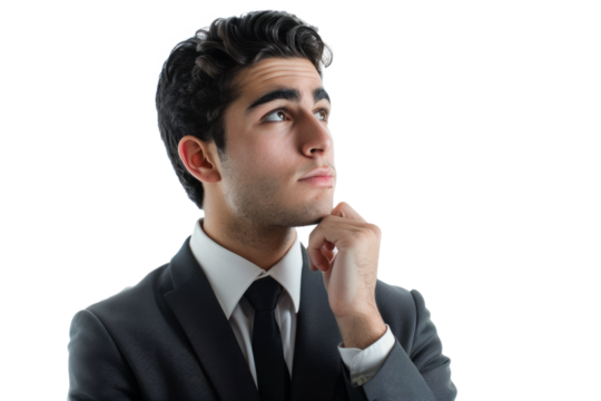 A young North American businessman in a classic suit, deep in thought, white background.