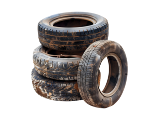 Stack of old dirty tires isolated on transparent or white background