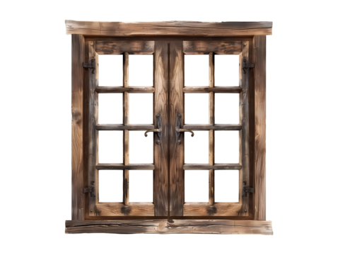 Old vintage wooden window isolated on transparent or white background