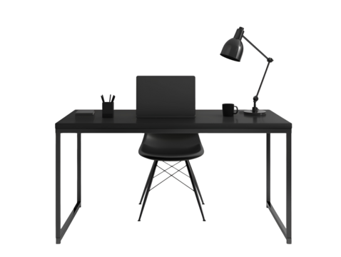 Black office desk with lamp table isolated on transparent or white background